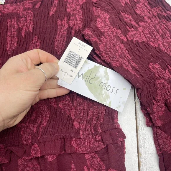 Wild Moss Dress Womens Large Red Floral Square Neck Bell Sleeve Fit & Flare Mini - Picture 2 of 7